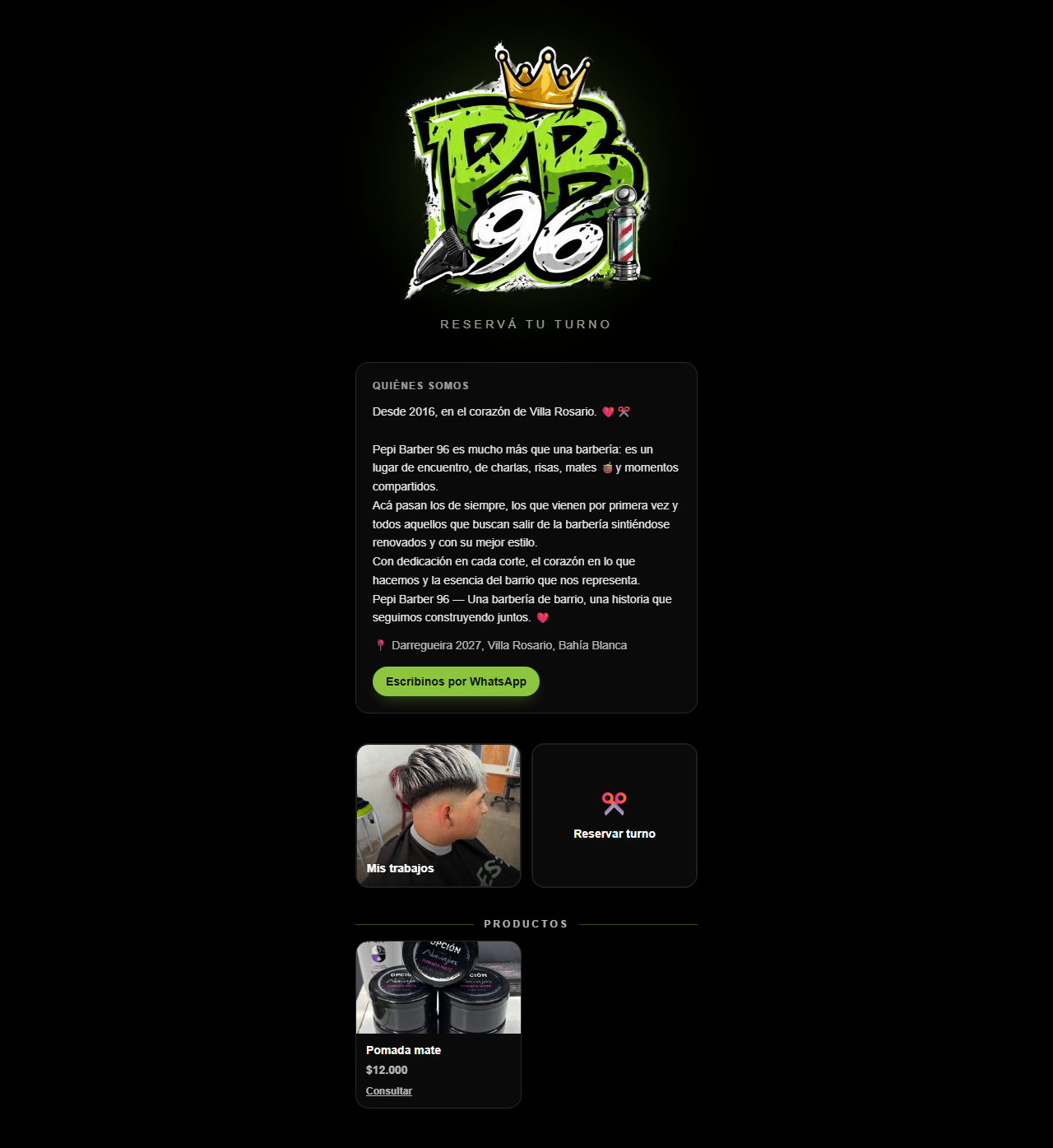 Página real en vivo de la app de reservas de la barbería