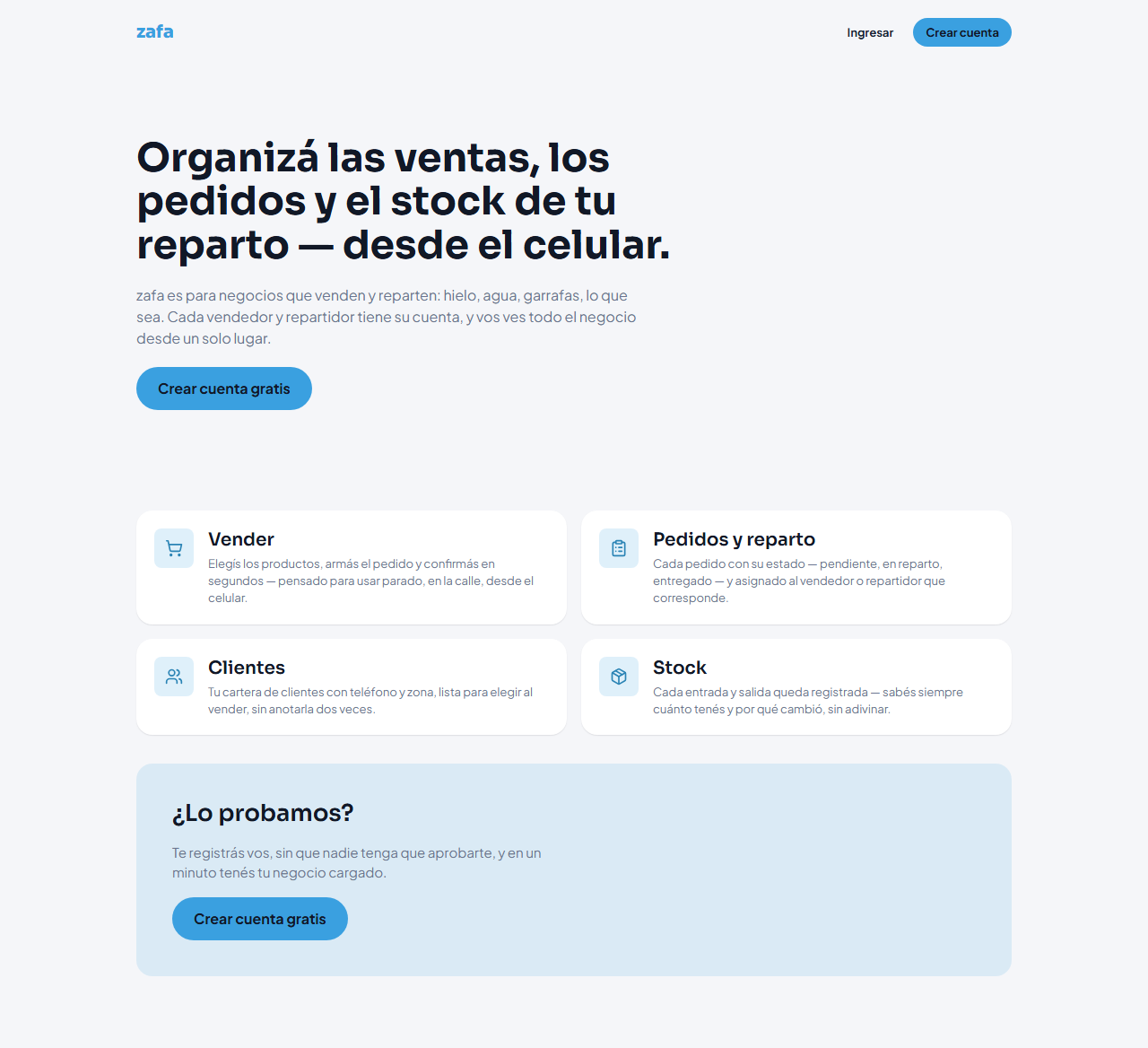 Página real en vivo de zafa, la plataforma multi-negocio de reparto